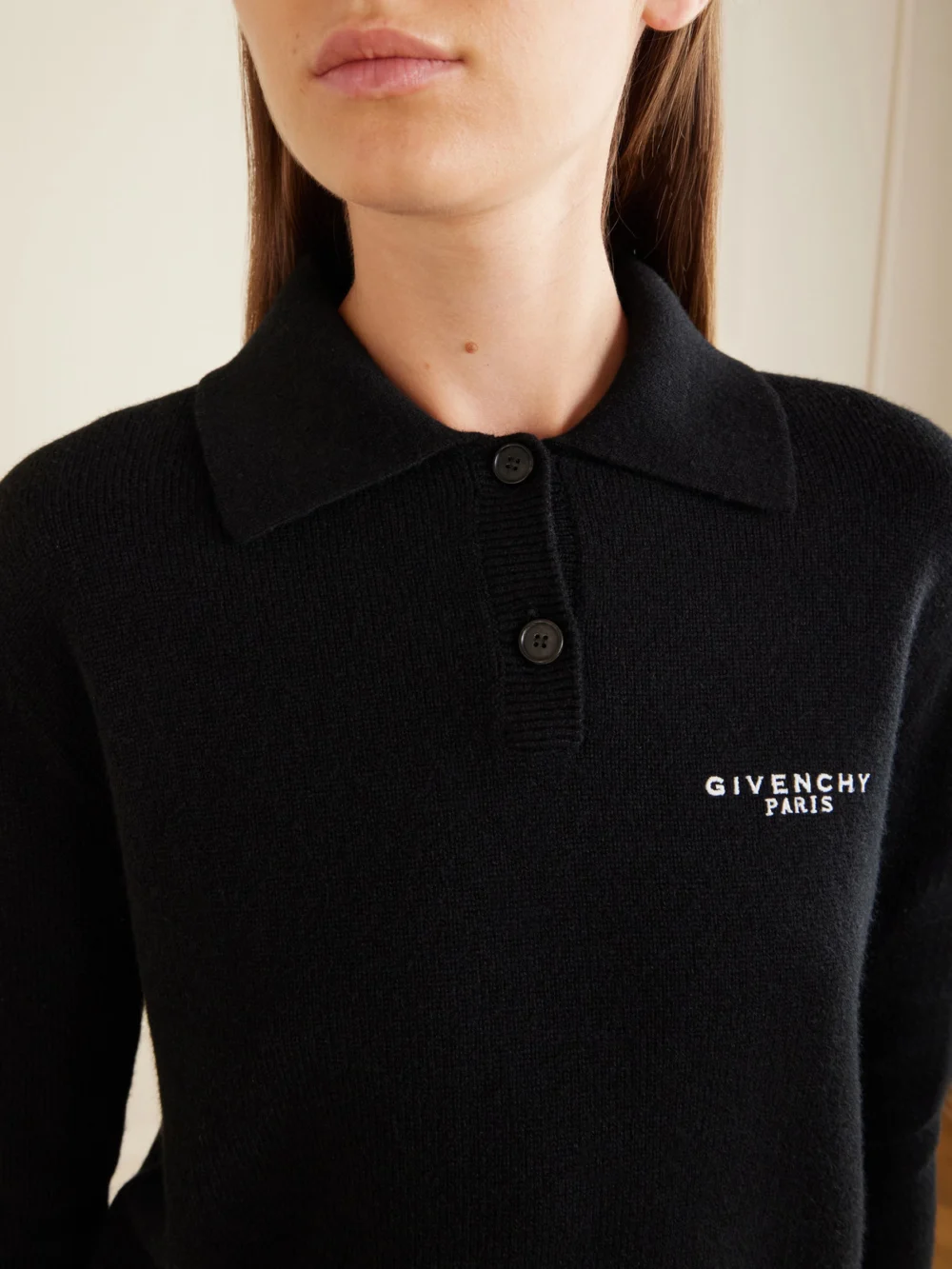 Close-up detail of the Givenchy Logo-embroidered Wool and Cashmere-blend Polo Sweater