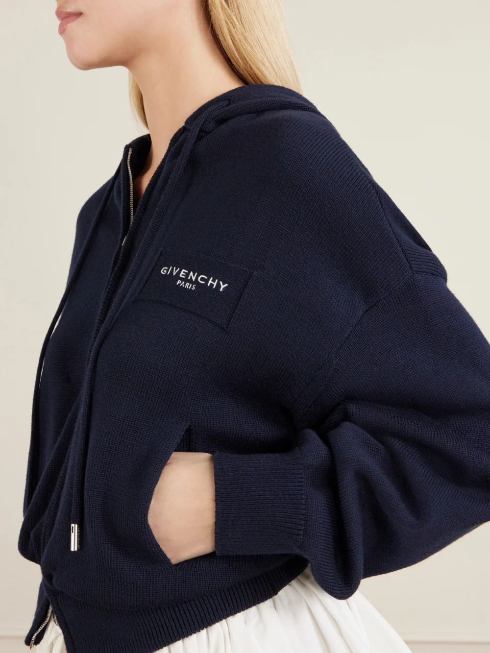 Close-up detail of the Givenchy Logo-embroidered Wool and Cotton-blend Zip-up Hoodie
