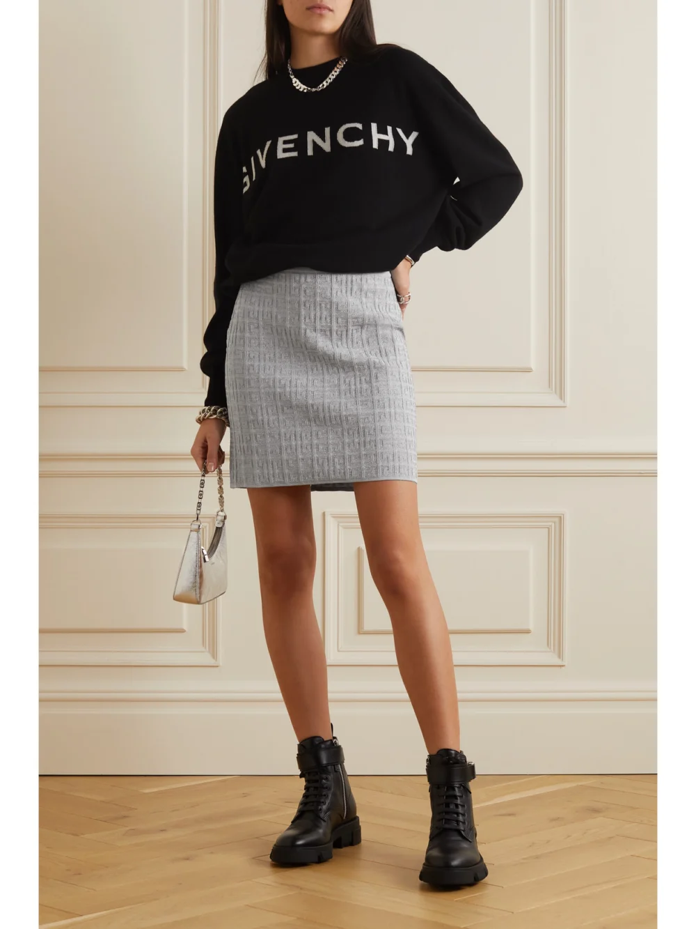 Givenchy Logo-jacquard Metallic Knitted Mini Skirt, worn by a model