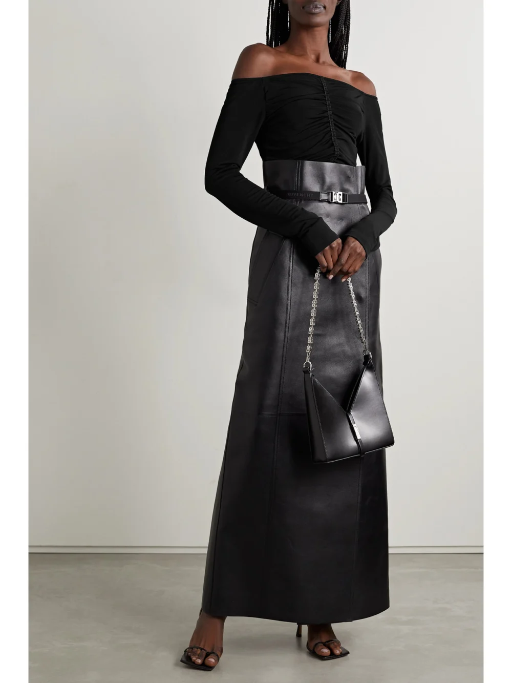 Givenchy Off-the-shoulder Ruched Stretch-jersey Top, worn by a model