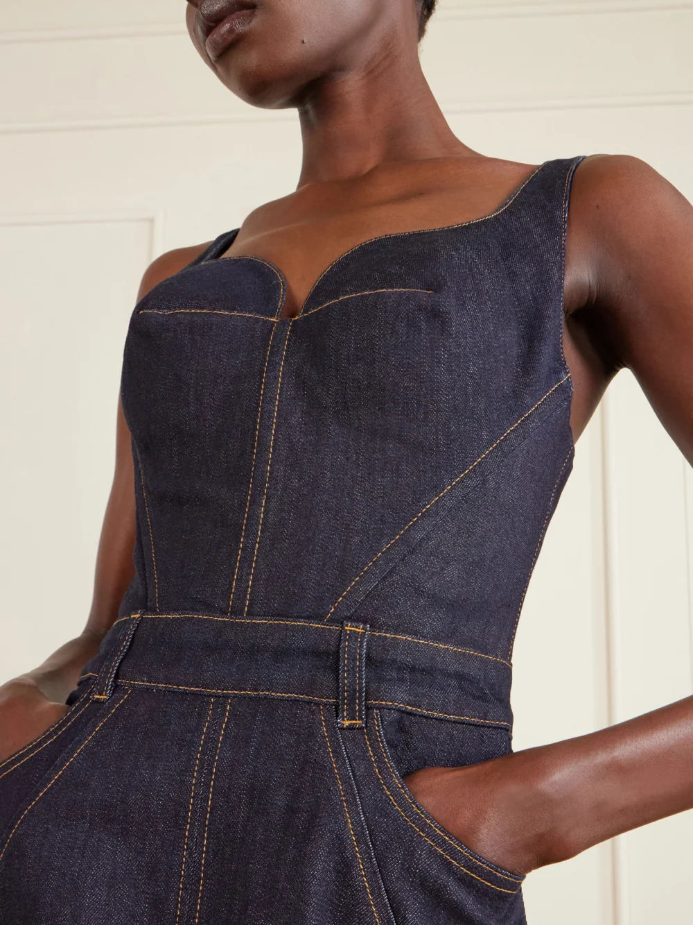 Close-up detail of the Givenchy Paneled Denim Midi Dress