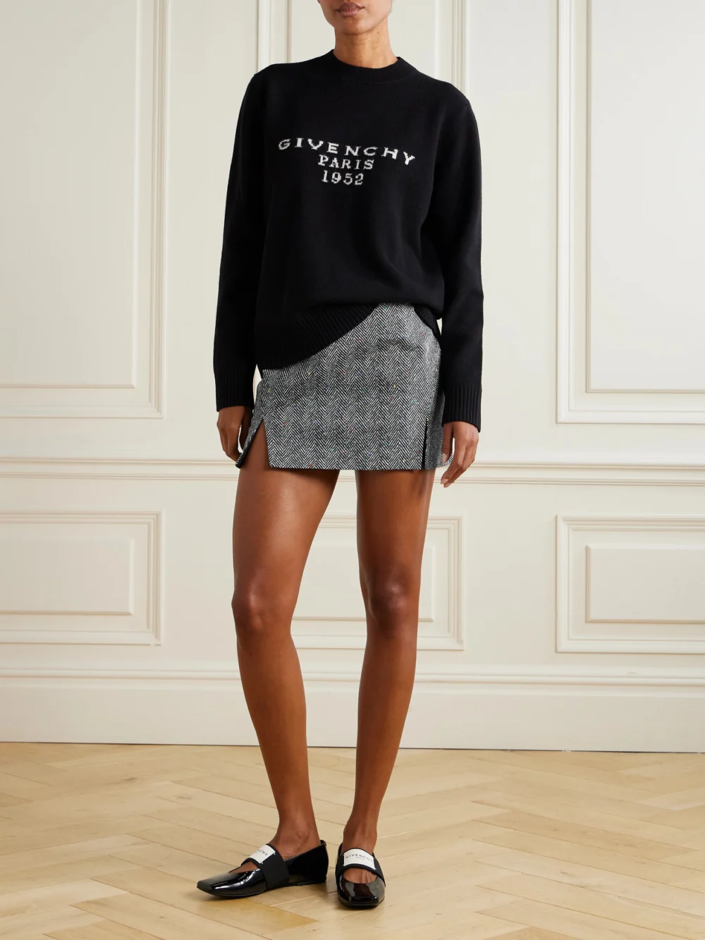 Givenchy Paneled Herringbone Cotton-twill Mini Skirt, worn by a model