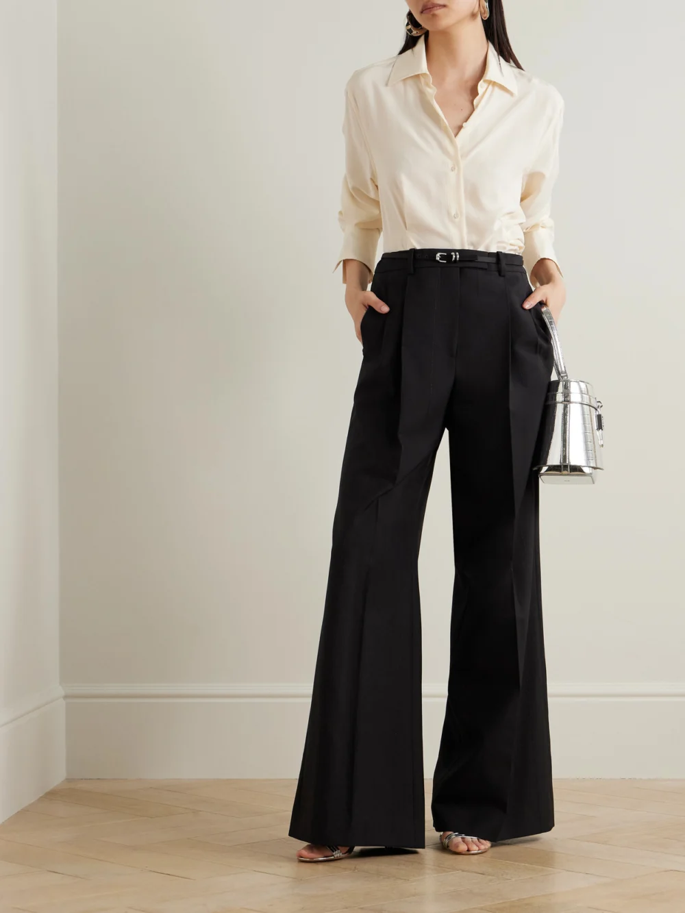 Givenchy Pleated Metallic Striped Wool-blend Wide-leg Pants, worn by a model