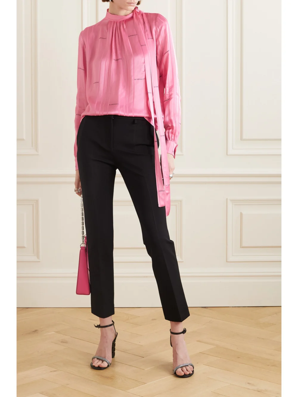 Givenchy Pussy-bow Satin-jacquard Blouse, worn by a model