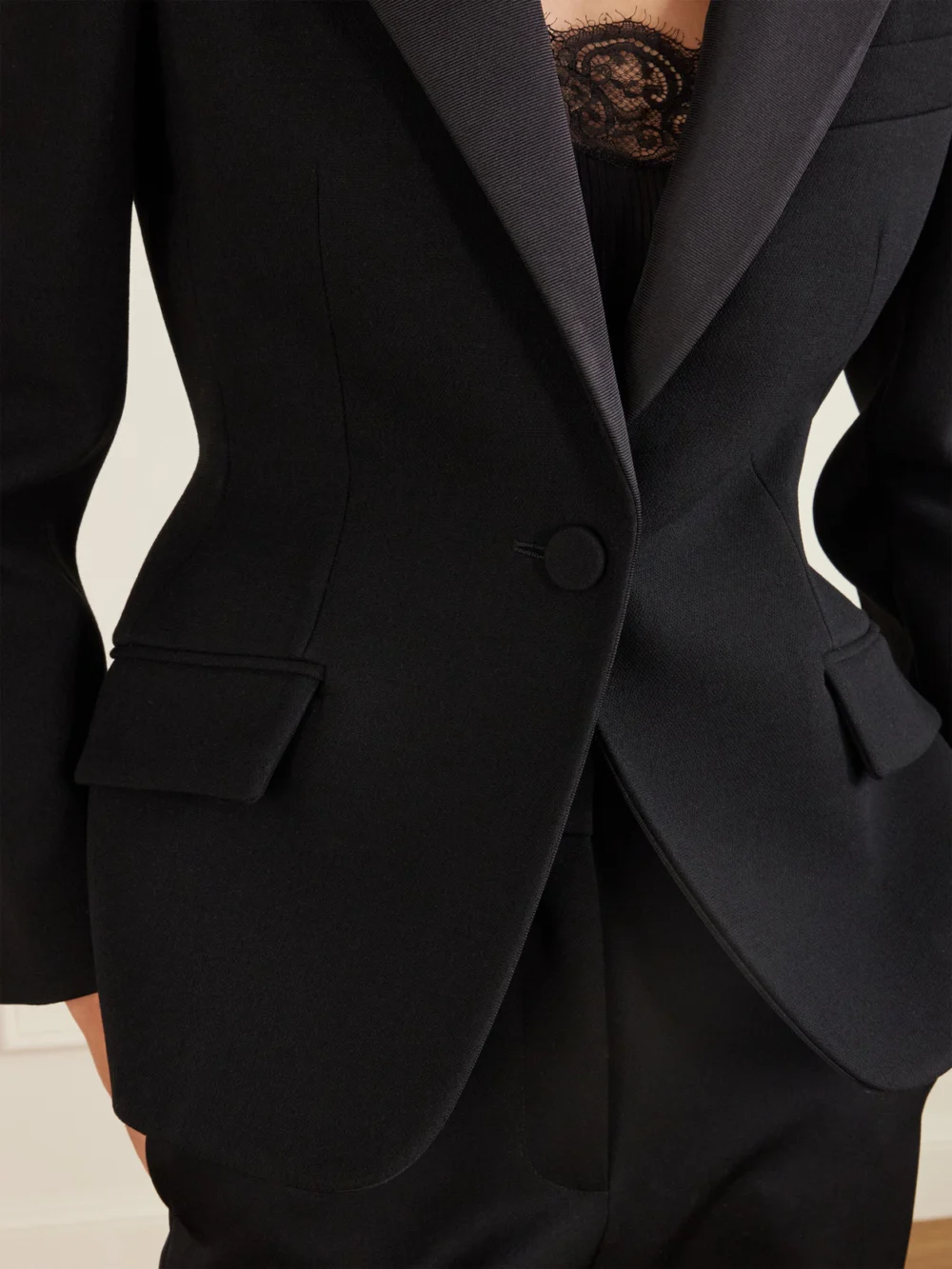 Close-up detail of the Givenchy Silk-blend Twill-trimmed Textured Wool-blend Blazer