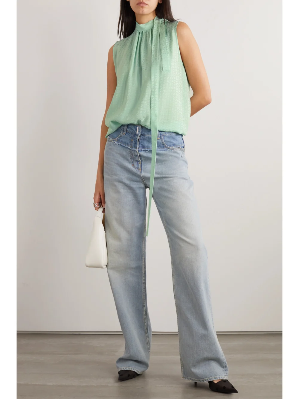 Givenchy Tie-detailed Silk-jacquard Blouse, worn by a model