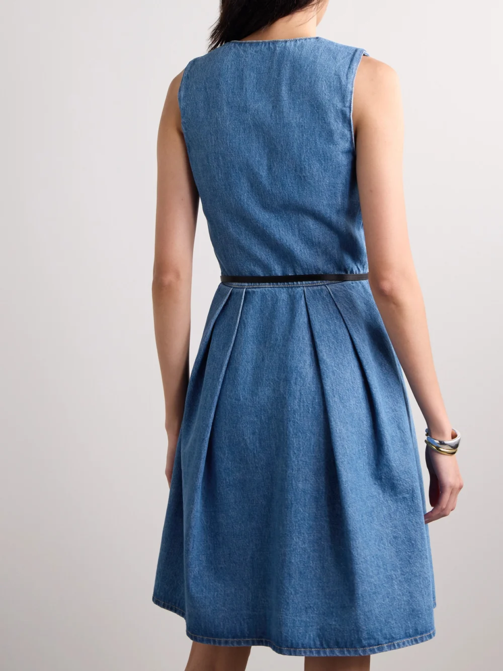 Back view of the Givenchy Voyou Belted Pleated Satin-trimmed Denim Mini Dress