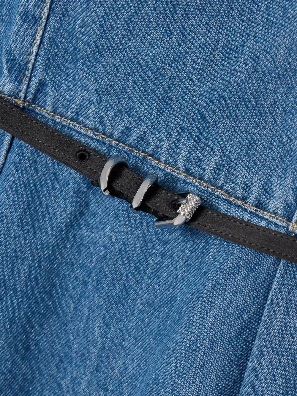Close-up detail of the Givenchy Voyou Belted Pleated Satin-trimmed Denim Mini Dress