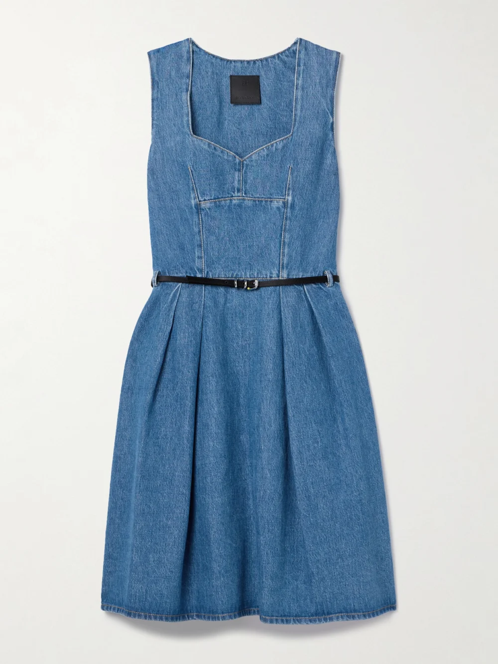 Givenchy Voyou Belted Pleated Satin-trimmed Denim Mini Dress in mid denim