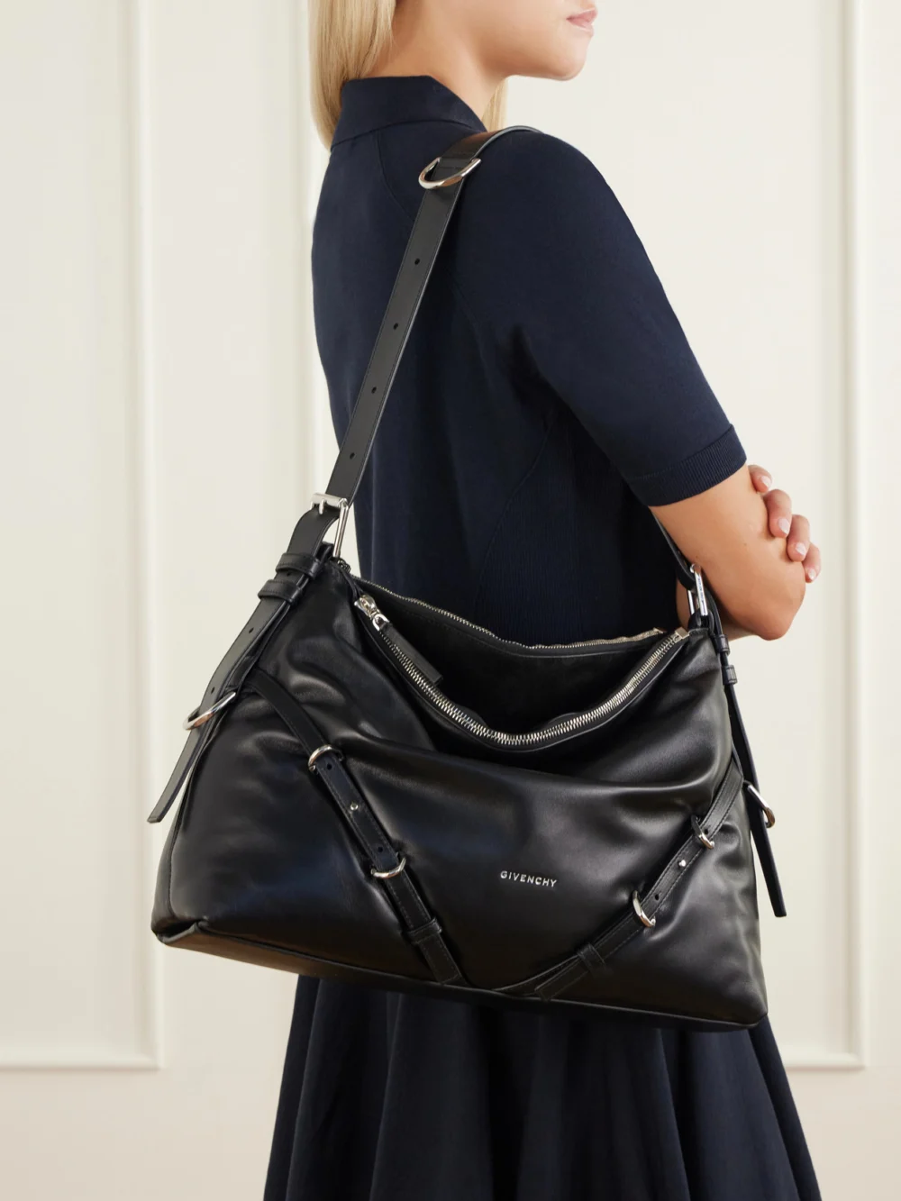 Givenchy Voyou Bomber Buckle-detailed Shoulder Bag, styled view
