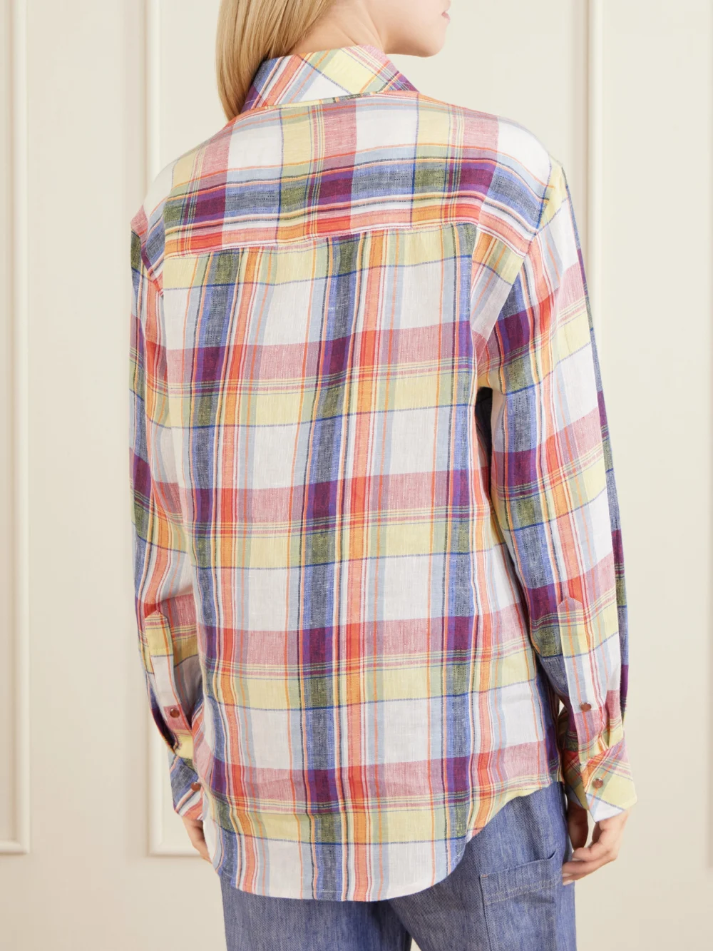 Back view of the God’s True Cashmere Daybreak Checked Linen Shirt