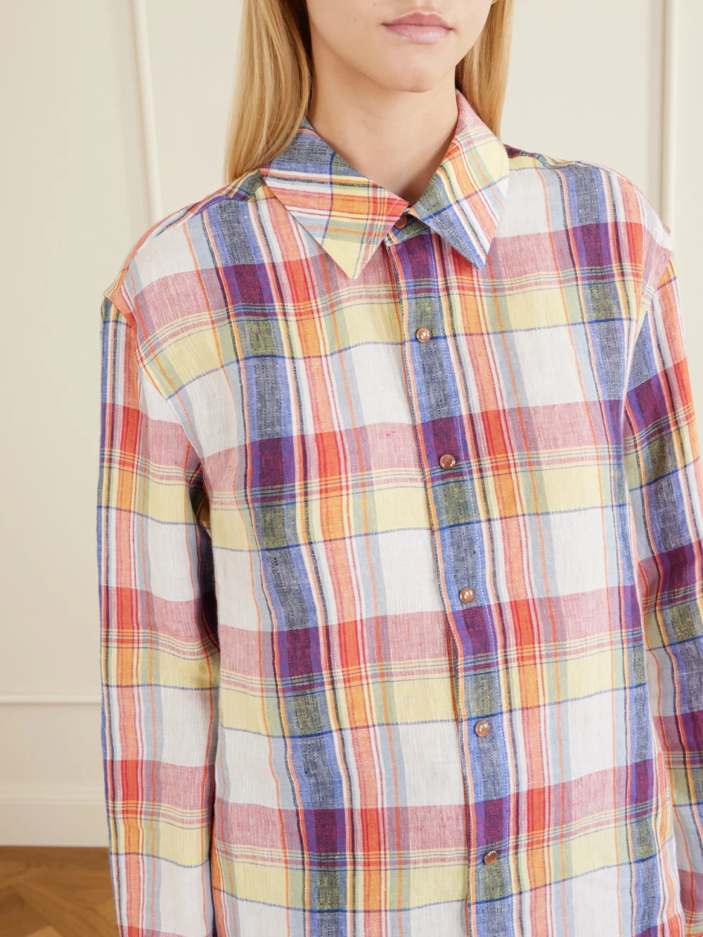Close-up detail of the God’s True Cashmere Daybreak Checked Linen Shirt
