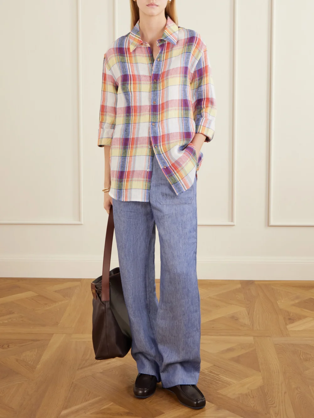 God’s True Cashmere Daybreak Checked Linen Shirt, worn by a model