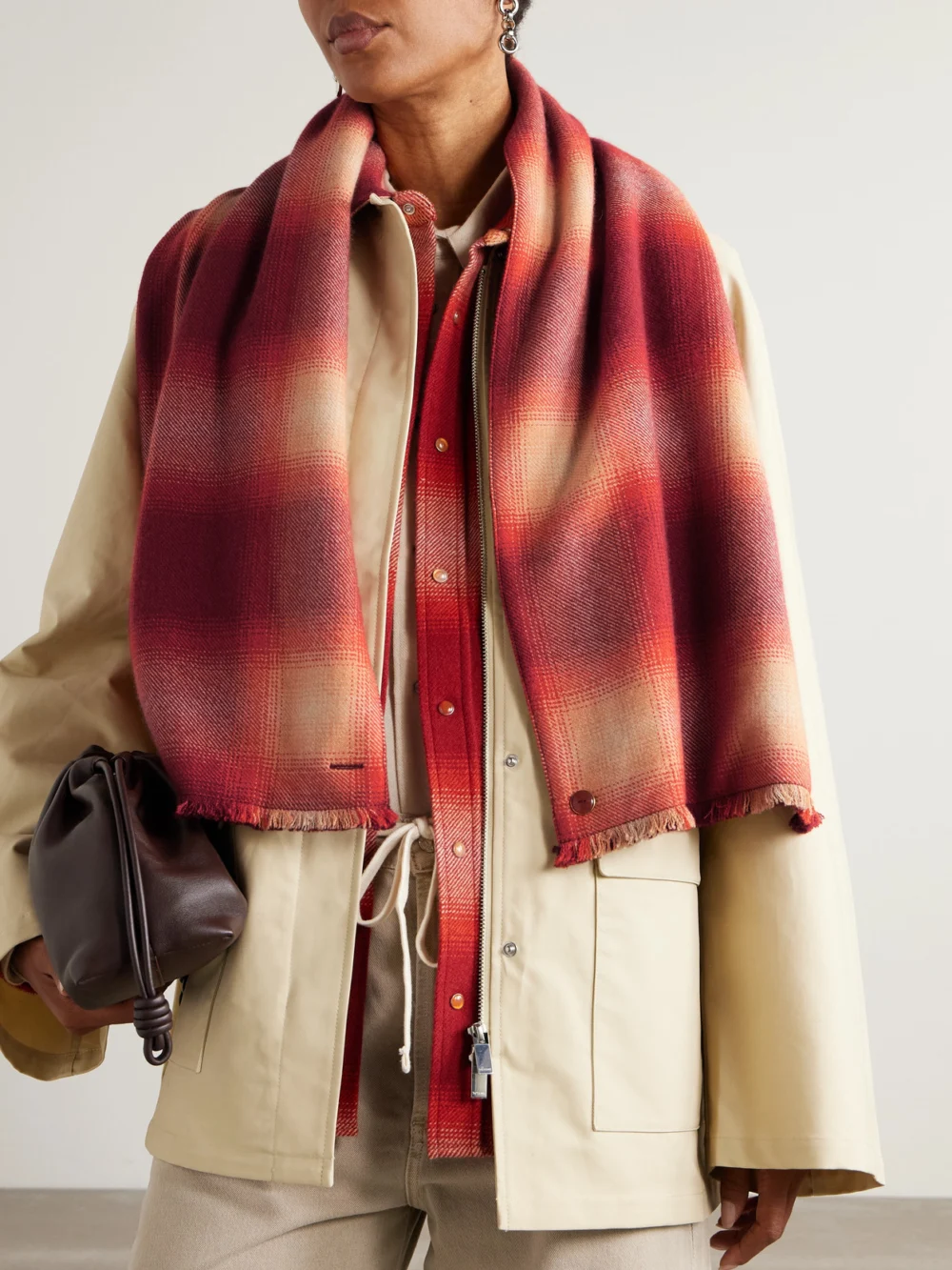 God’s True Cashmere Fringed Checked Cashmere Scarf, styled view