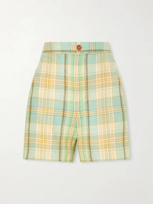 God’s True Cashmere Lime Moss Checked Linen Shorts
