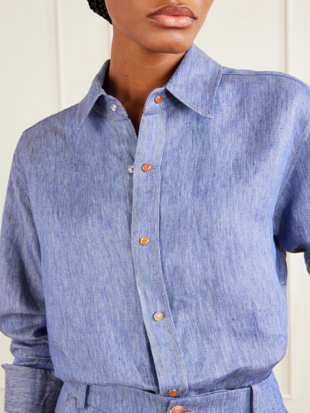 Close-up detail of the God’s True Cashmere Linen-denim Shirt