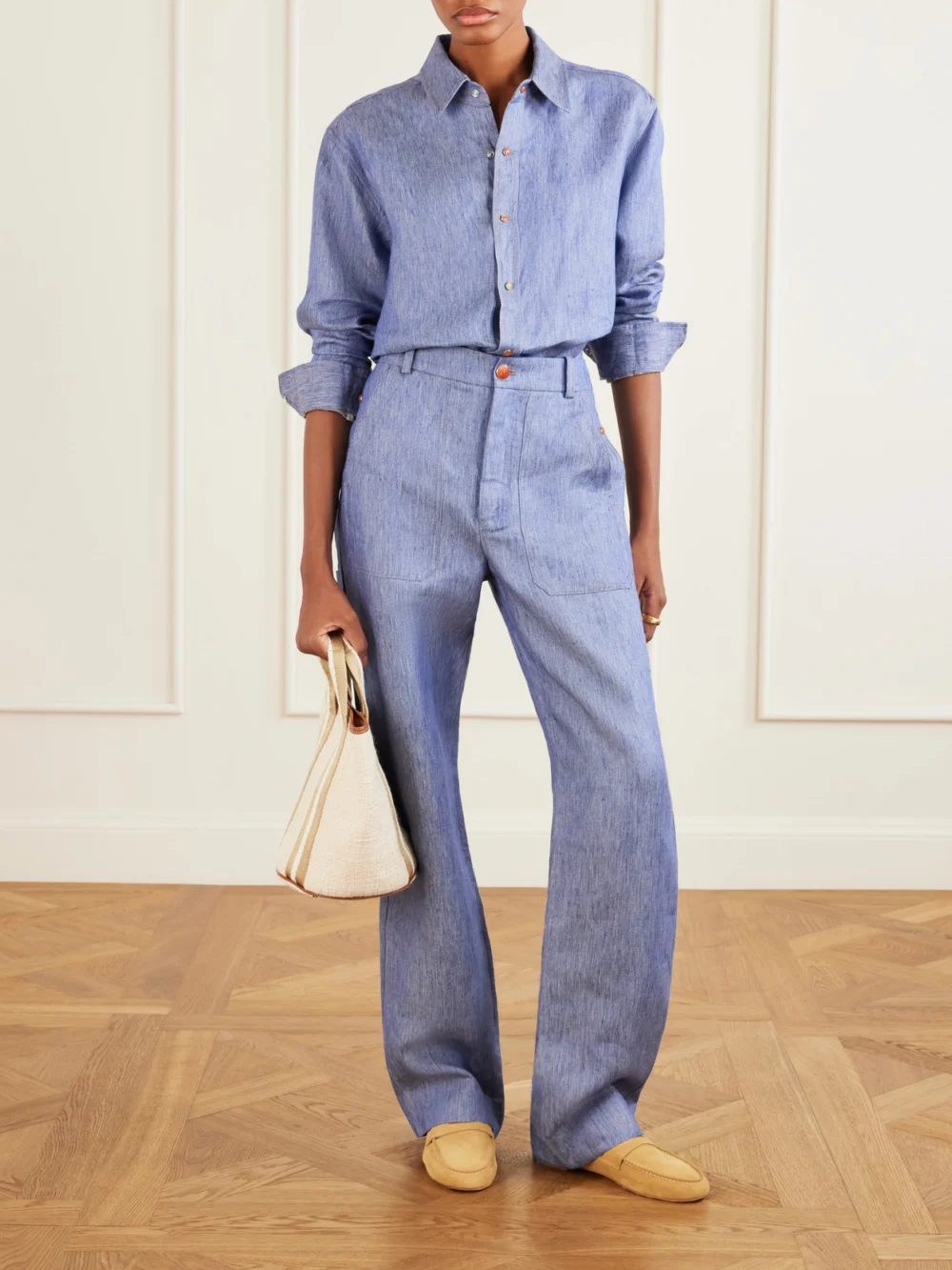 God’s True Cashmere Linen-denim Shirt, worn by a model