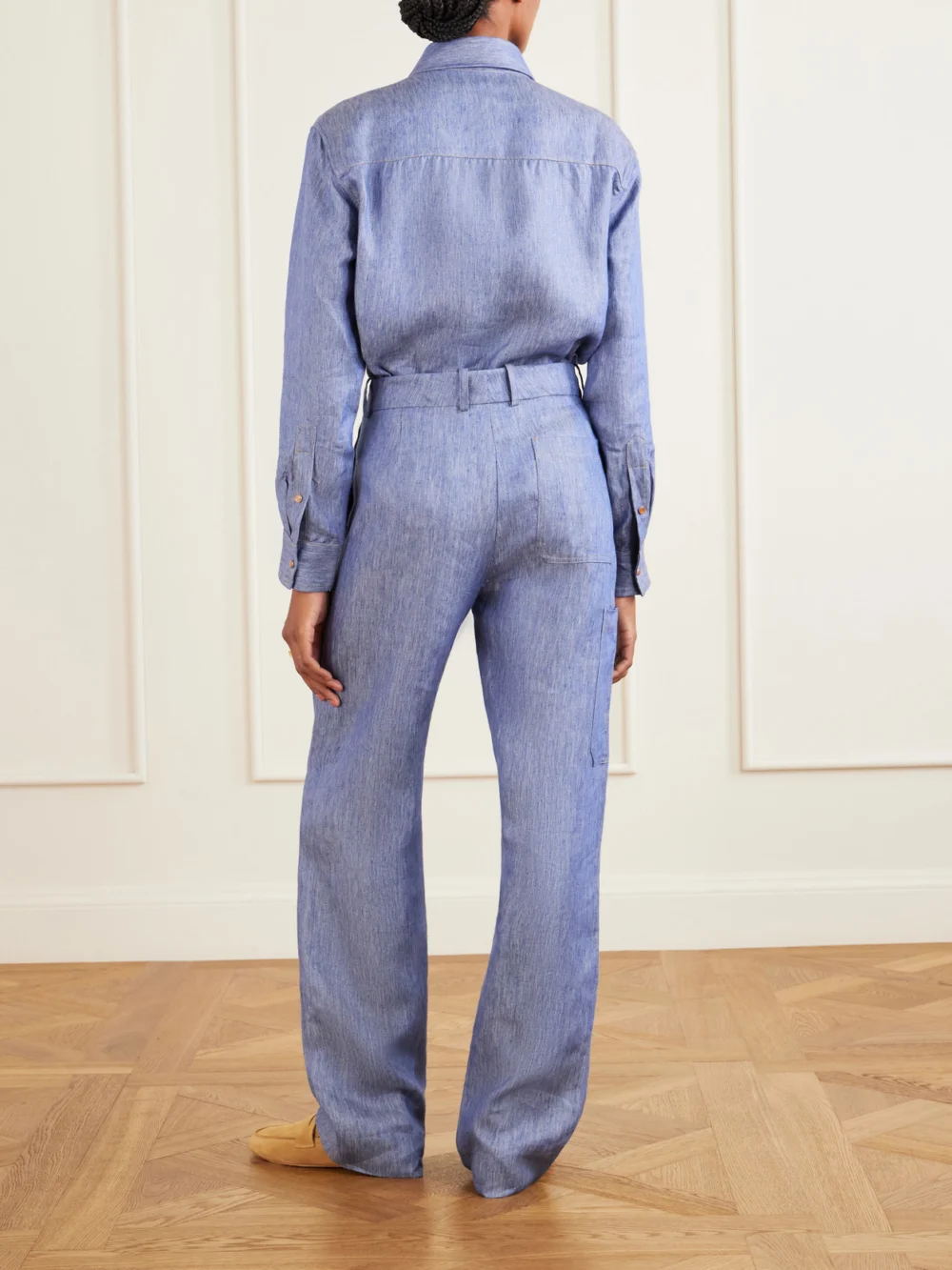 Back view of the God’s True Cashmere Linen-denim Straight-leg Pants