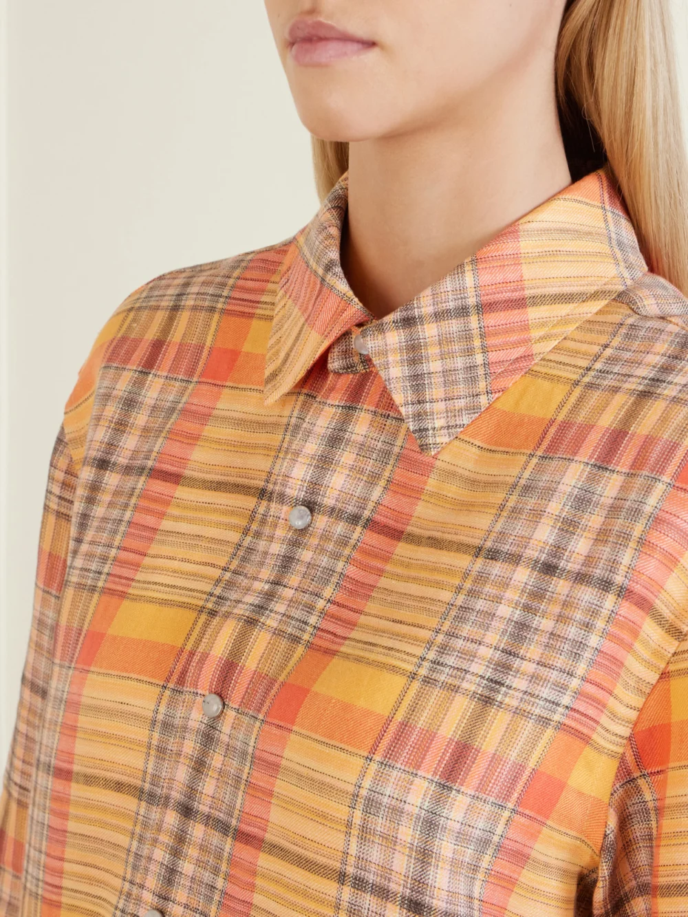 Close-up detail of the God’s True Cashmere Twilight Checked Linen Shirt