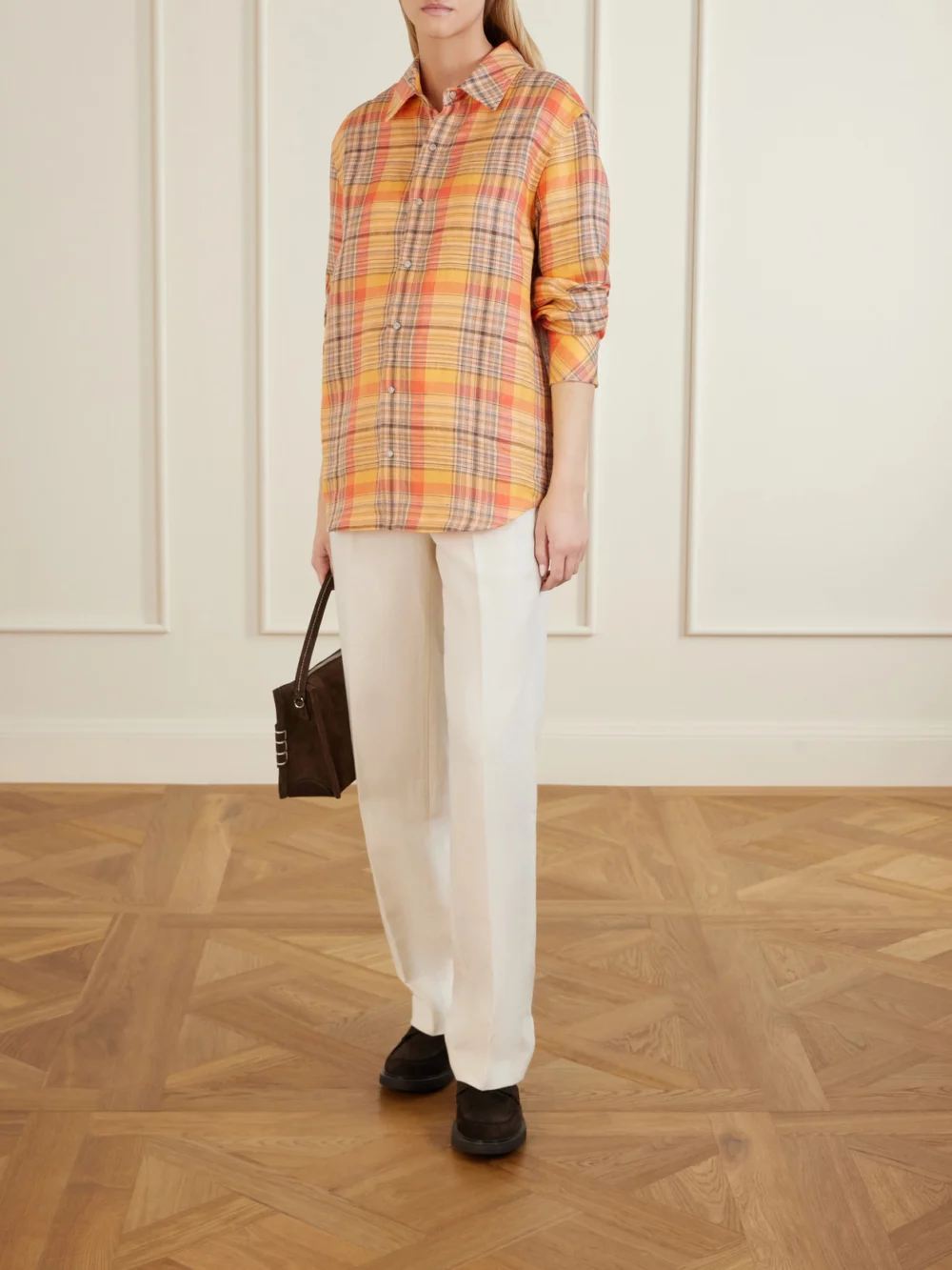 God’s True Cashmere Twilight Checked Linen Shirt, worn by a model
