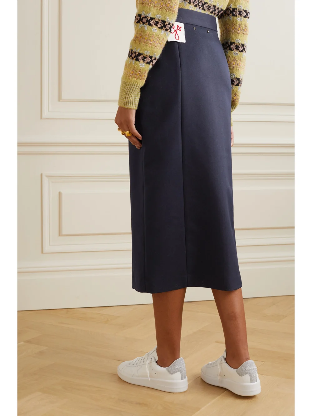 Back view of the Golden Goose Appliquéd Gabardine Midi Skirt