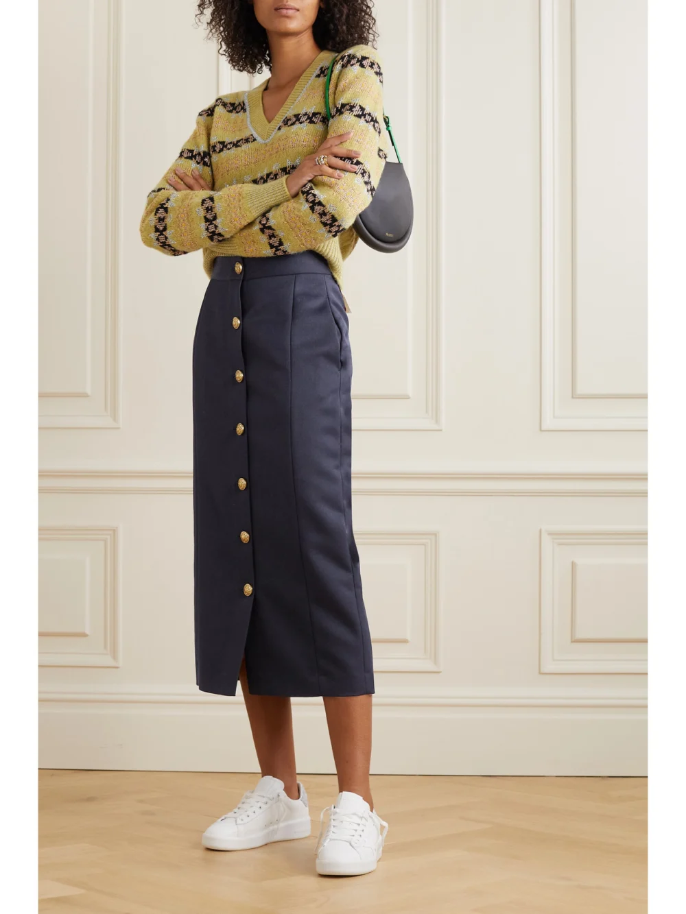 Golden Goose Appliquéd Gabardine Midi Skirt, worn by a model