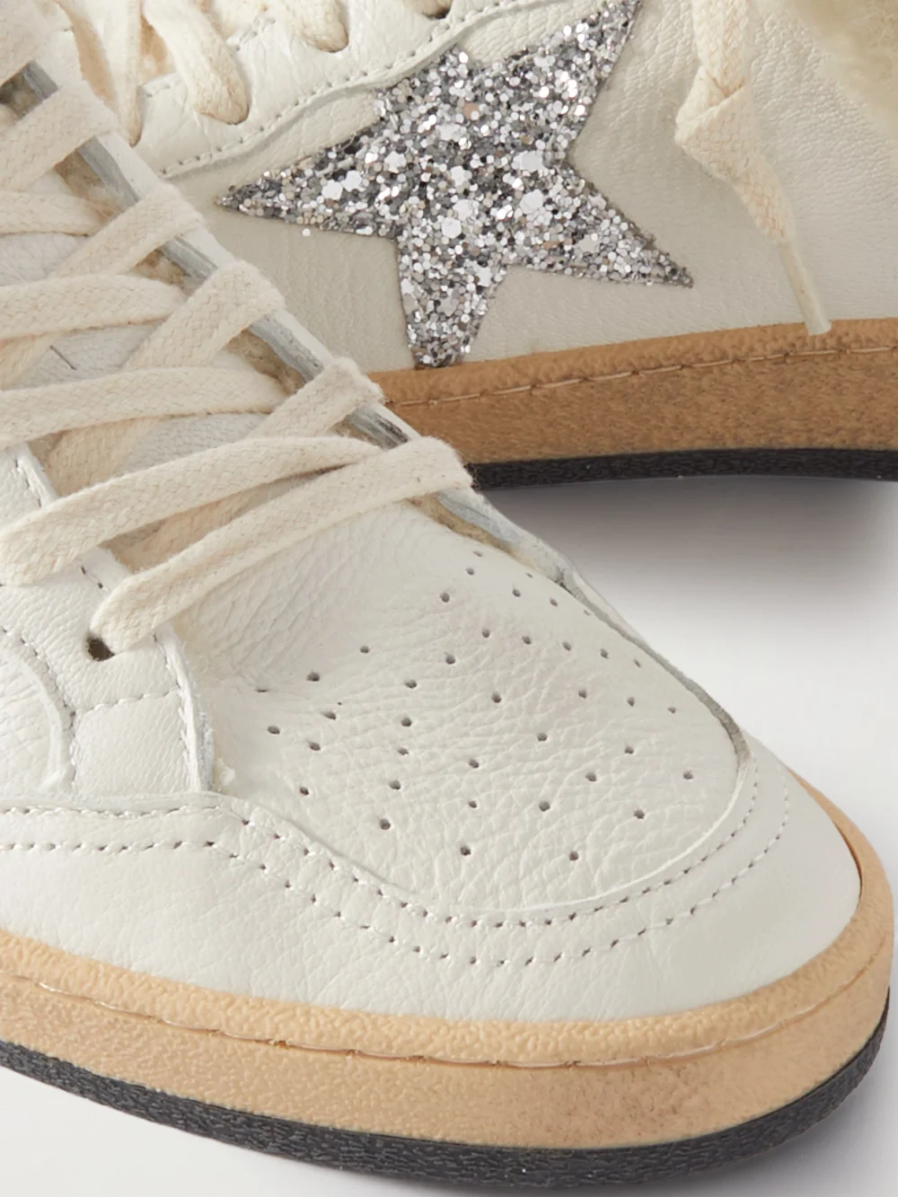 Close-up detail of the Golden Goose Ball Star Sabot Shearling-lined Leather Slip-on Sneakers