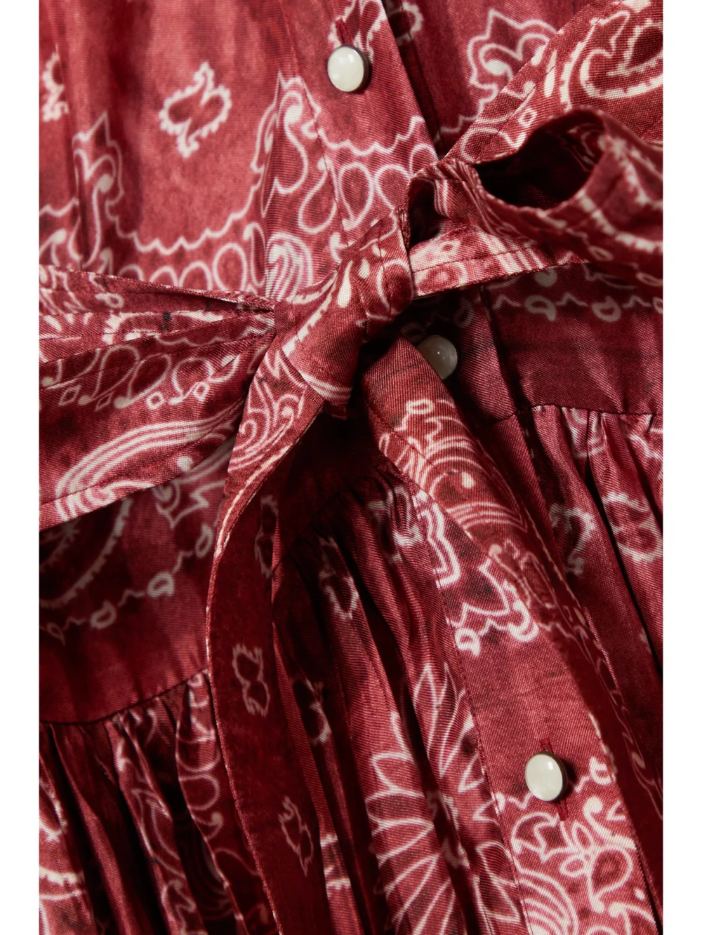 Close-up detail of the Golden Goose Belted Tiered Paisley-print Satin-twill Maxi Dress