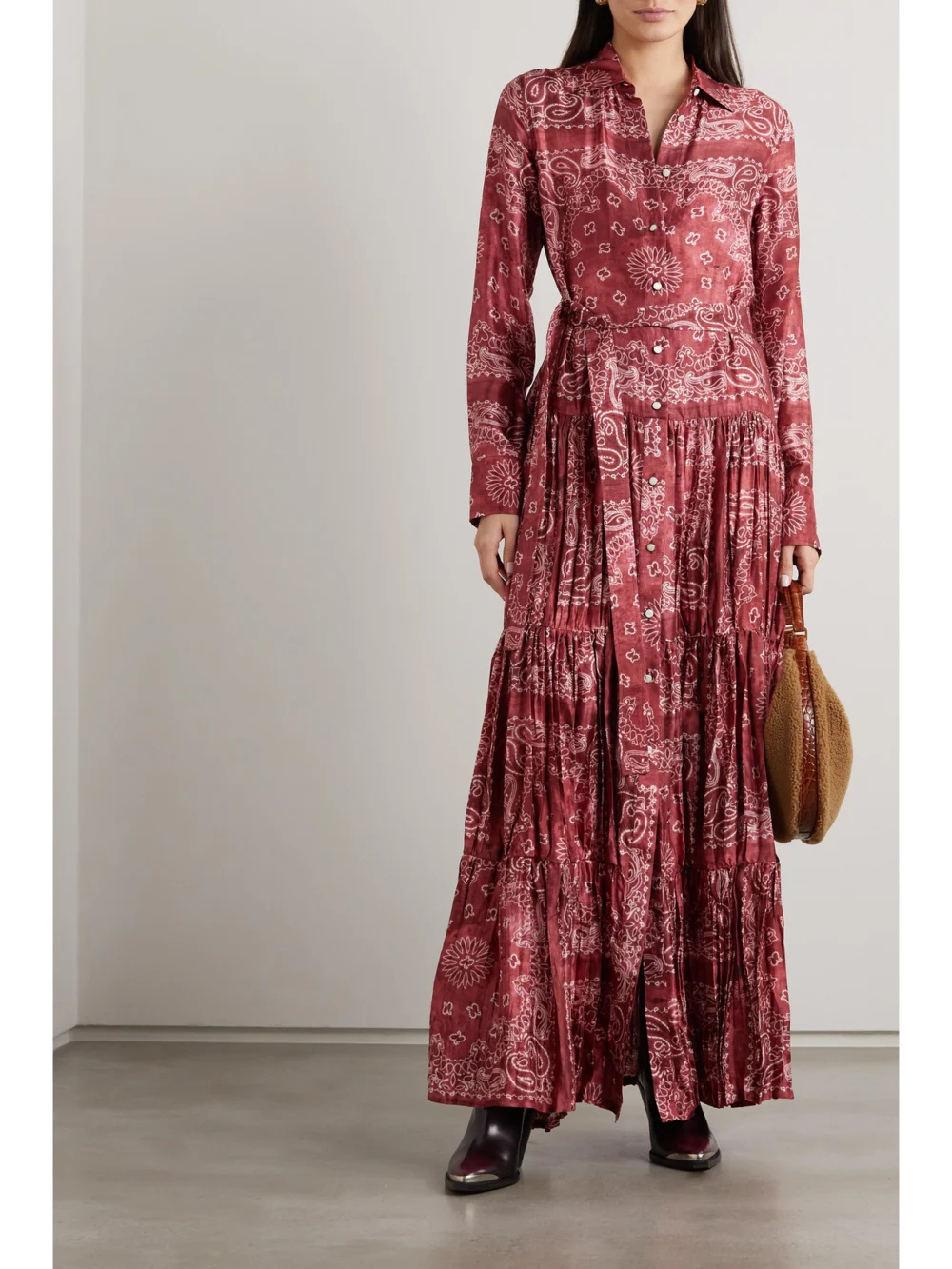 Golden Goose Belted Tiered Paisley-print Satin-twill Maxi Dress, worn by a model