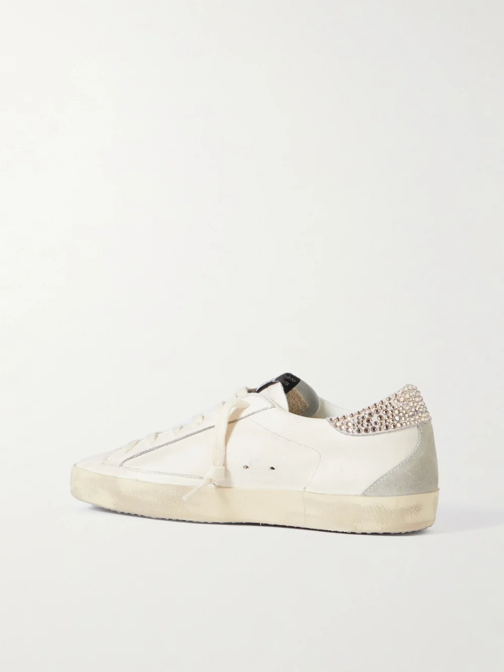 Back view of the Golden Goose Super-star Crystal-embellished Velvet-trimmed Distressed Leather Sneakers