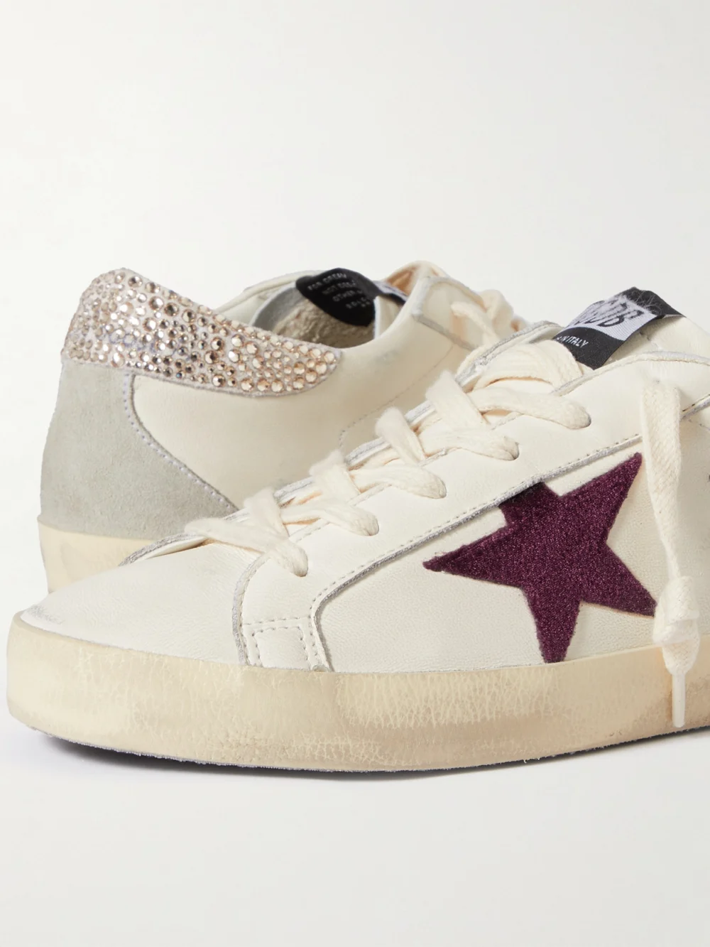 Close-up detail of the Golden Goose Super-star Crystal-embellished Velvet-trimmed Distressed Leather Sneakers