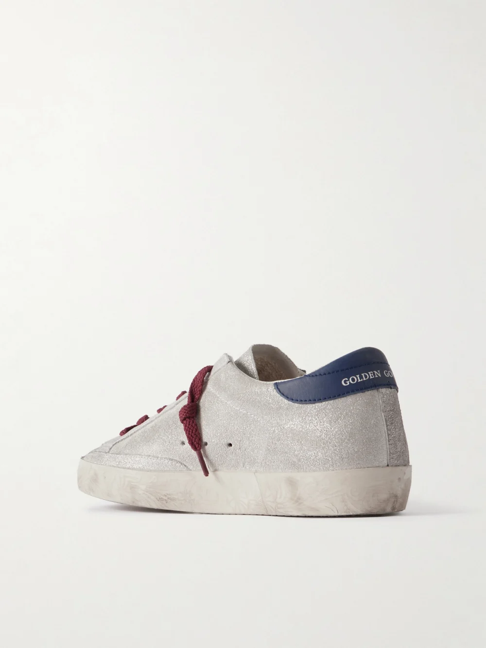 Back view of the Golden Goose Super-star Distressed Leather-trimmed Metallic Suede Sneakers