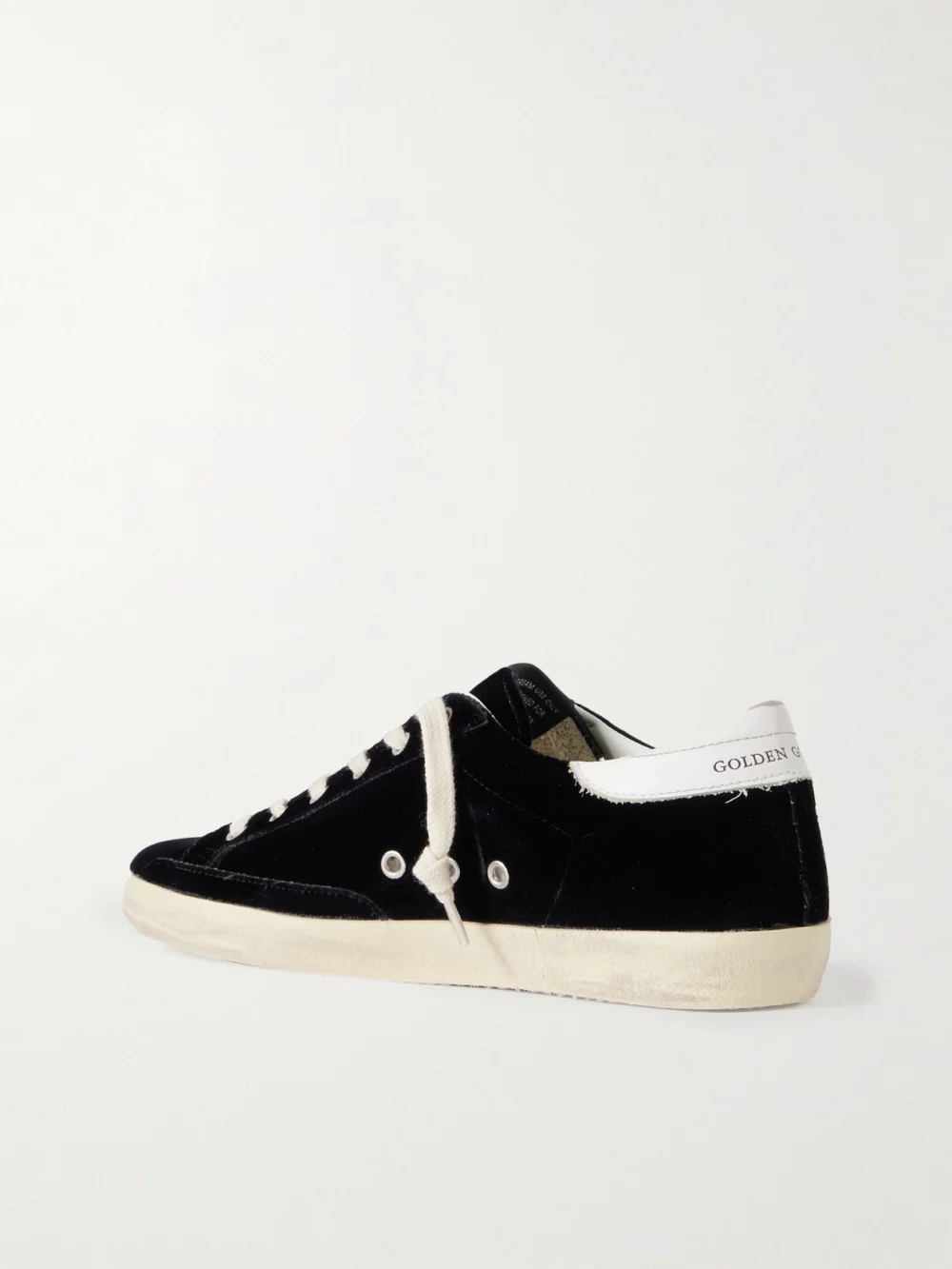Back view of the Golden Goose Super-star Eyelet-embellished Distressed Glittered Leather and Velvet Sneakers