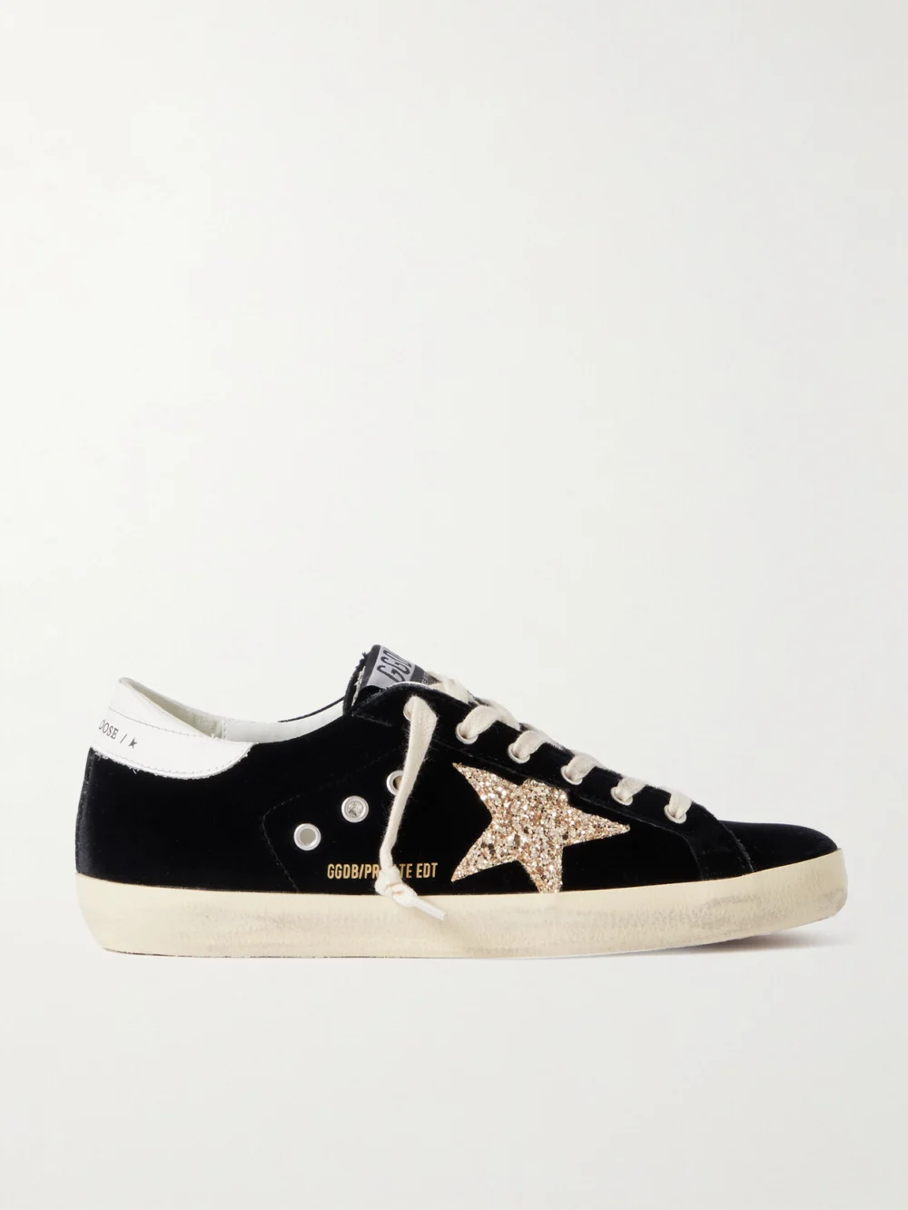 Golden Goose Super-star Eyelet-embellished Distressed Glittered Leather and Velvet Sneakers in black