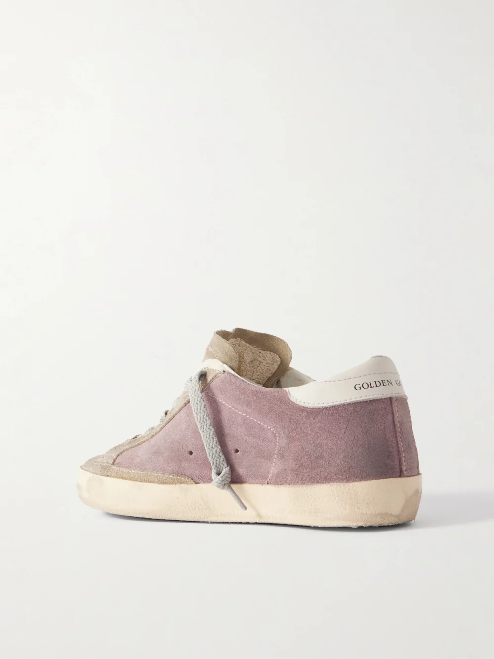 Back view of the Golden Goose Super-star Leather-trimmed Distressed Glittered Suede Sneakers
