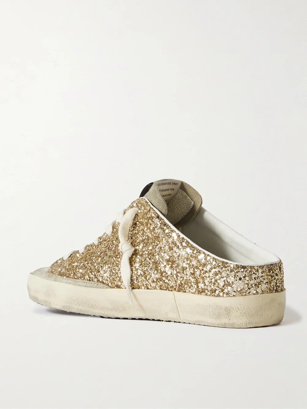 Back view of the Golden Goose Super-star Sabot Distressed Leather-trimmed Glittered Suede Slip-on Sneakers