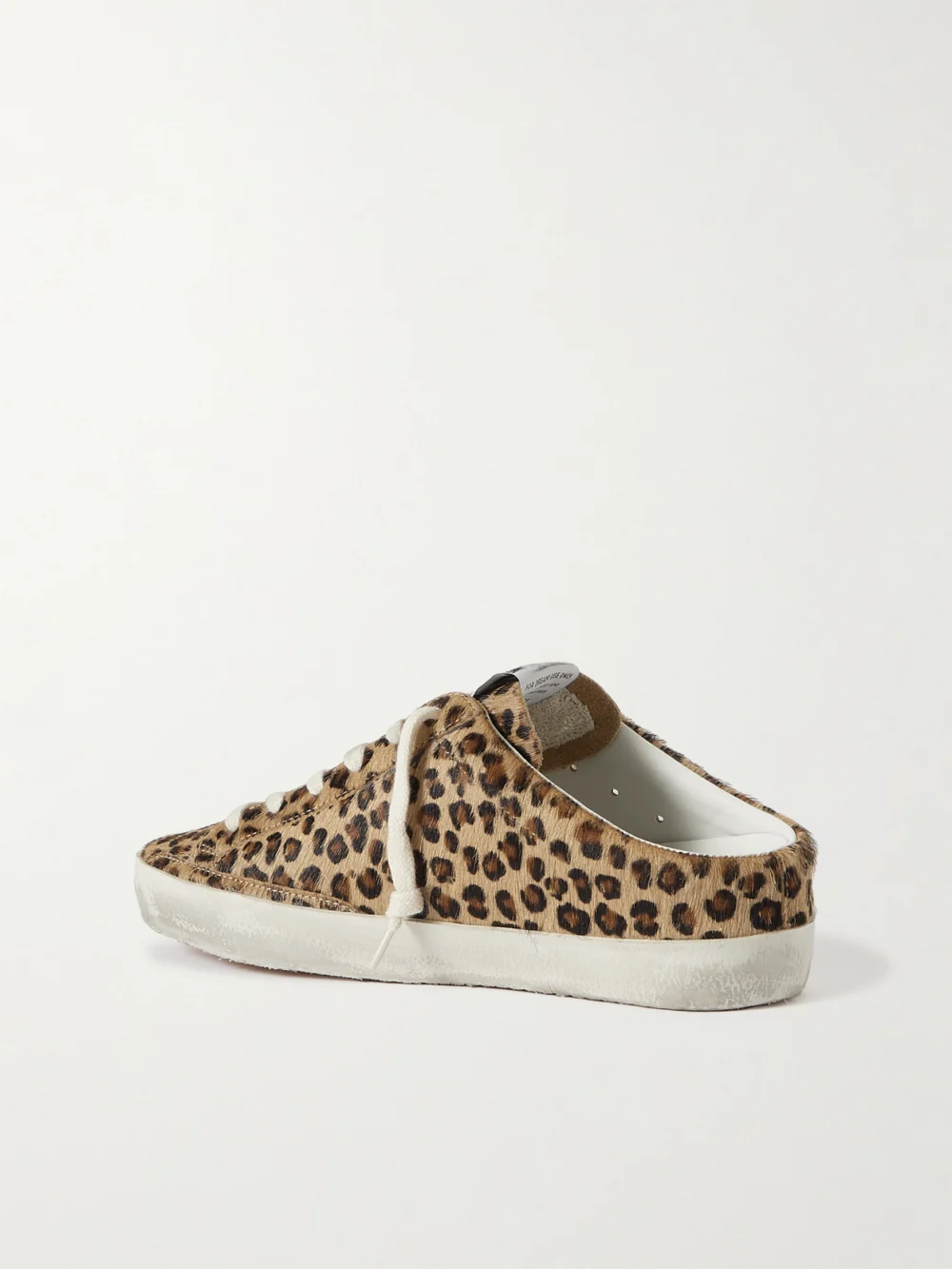 Back view of the Golden Goose Super-star Sabot Distressed Leopard-print Calf Hair Slip-on Sneakers