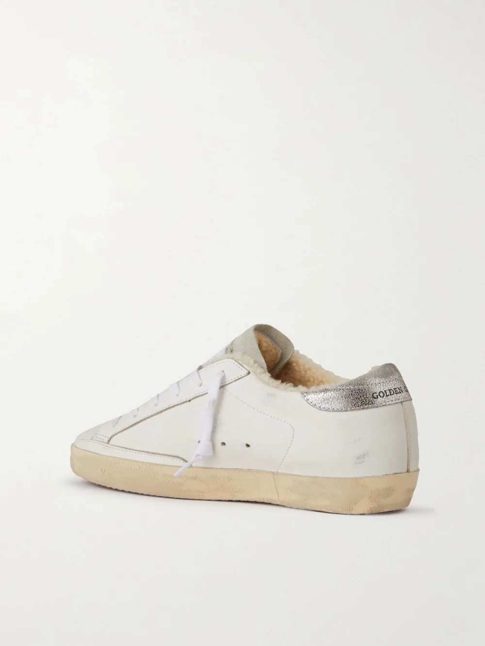 Back view of the Golden Goose Super-star Shearling-lined Distressed Suede and Leather Sneakers