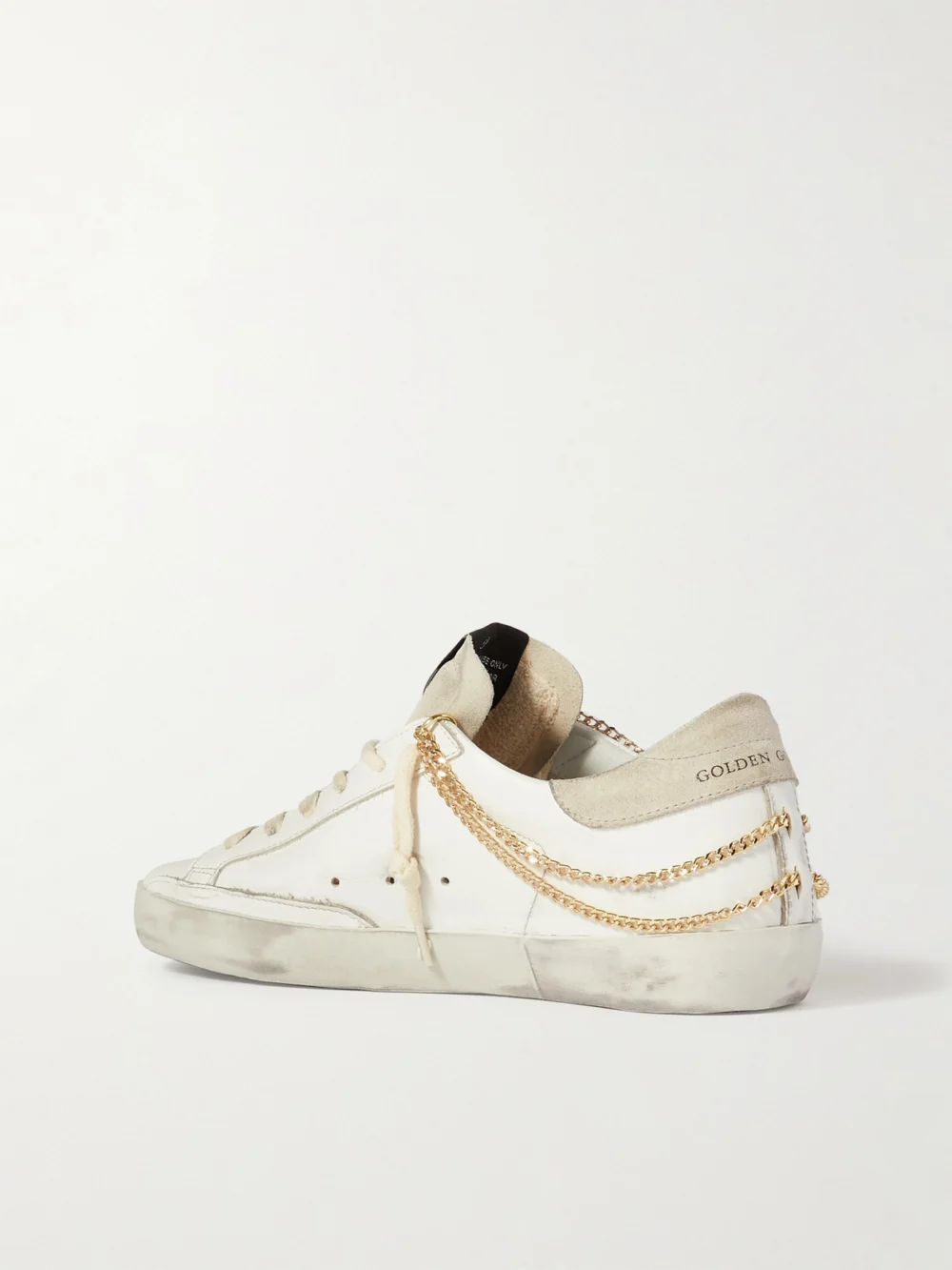 Back view of the Golden Goose Superstar Chain-embellished Distressed Leather and Suede Sneakers