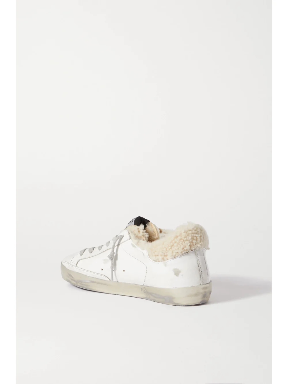 Back view of the Golden Goose Superstar Distressed Leather, Suede and Shearling Sneakers