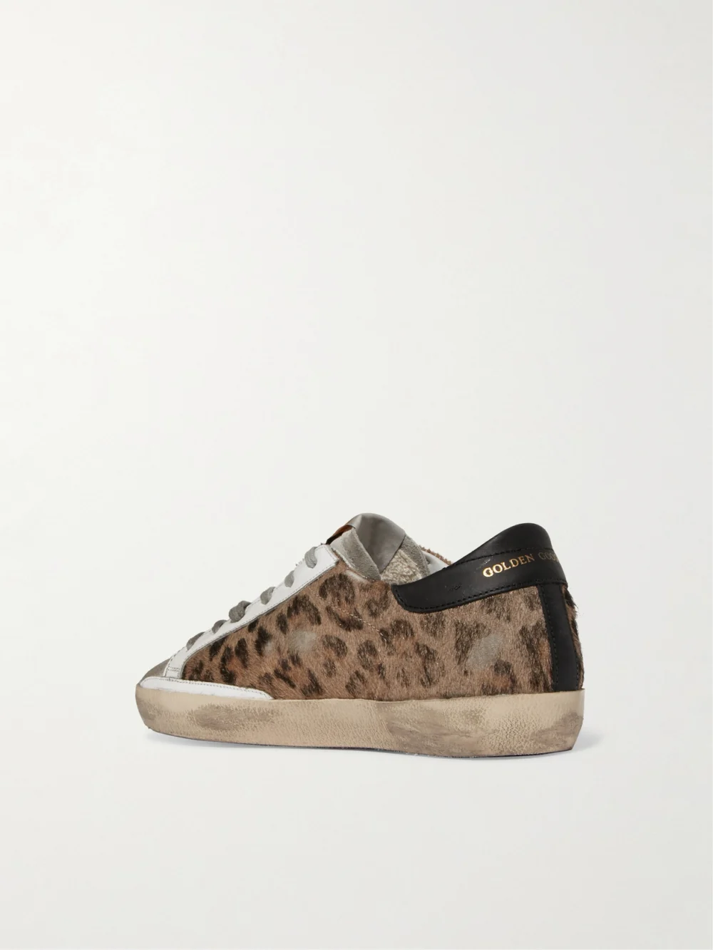 Back view of the Golden Goose Superstar Distressed Leopard-print Calf Hair, Leather and Suede Sneakers