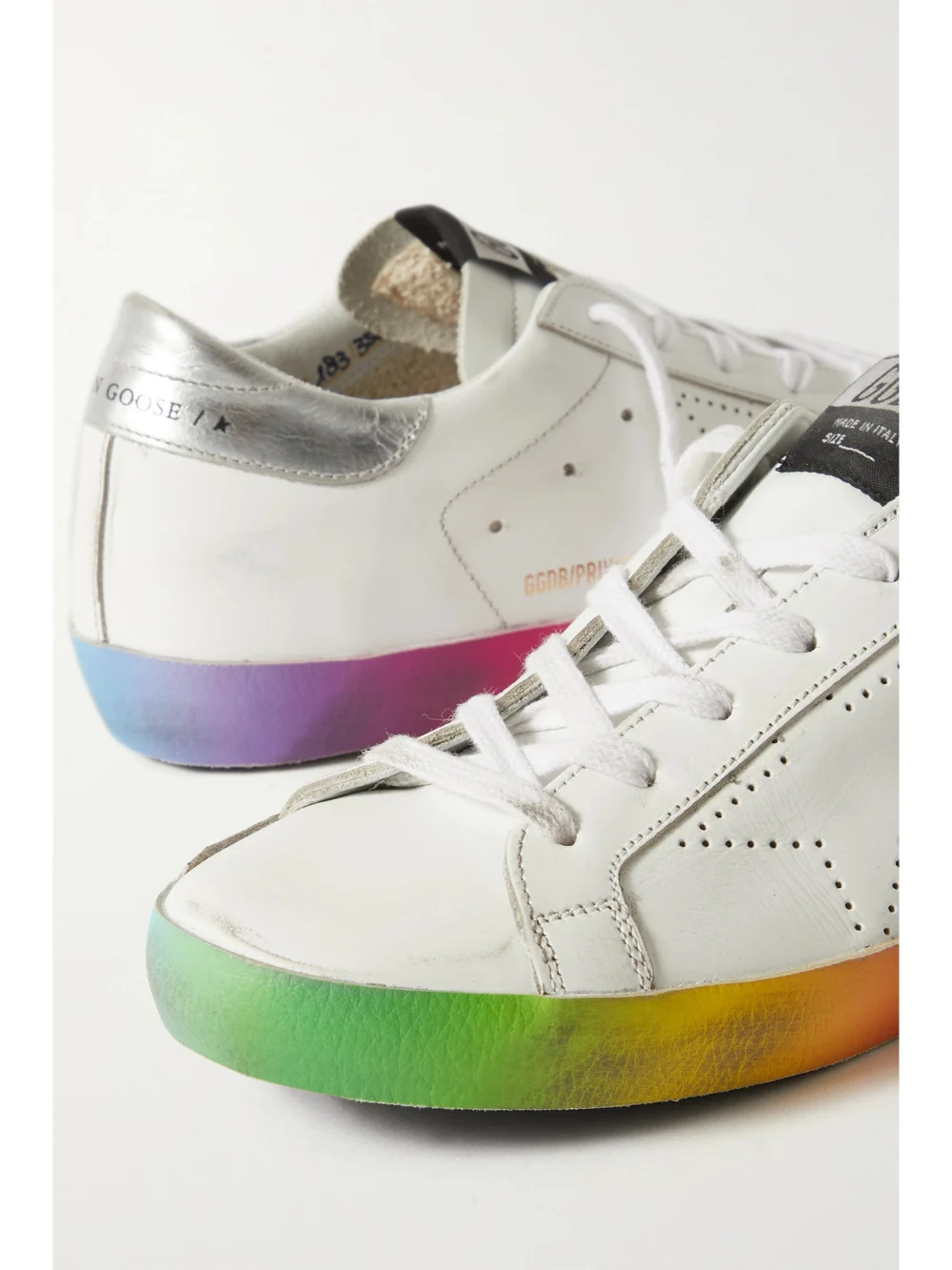 Close-up detail of the Golden Goose Superstar Distressed Perforated Leather Sneakers