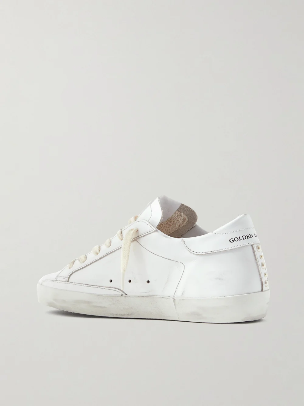 Back view of the Golden Goose Superstar Faux Pearl-embellished Distressed Leather Sneakers