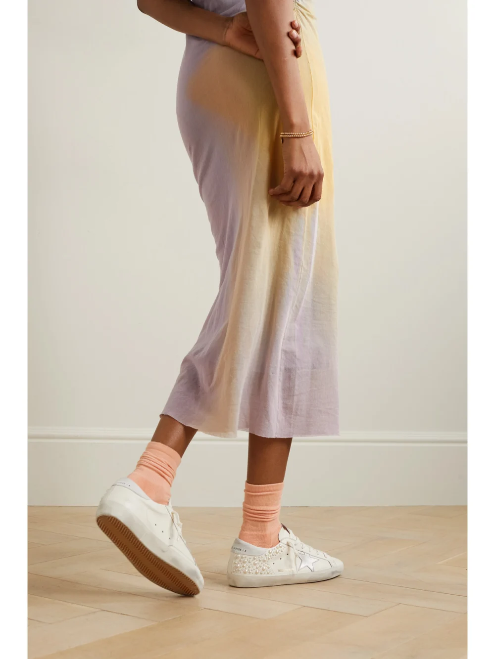 Side view of the Golden Goose Superstar Pearl-embellished Distressed Leather Sneakers