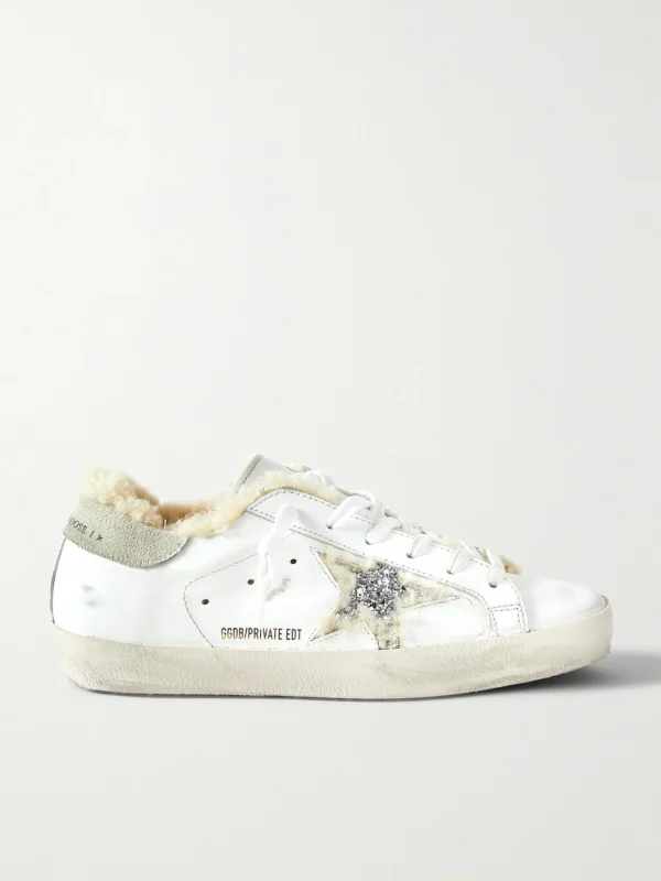 Golden Goose Superstar Shearling-lined Distressed Glittered Leather Sneakers