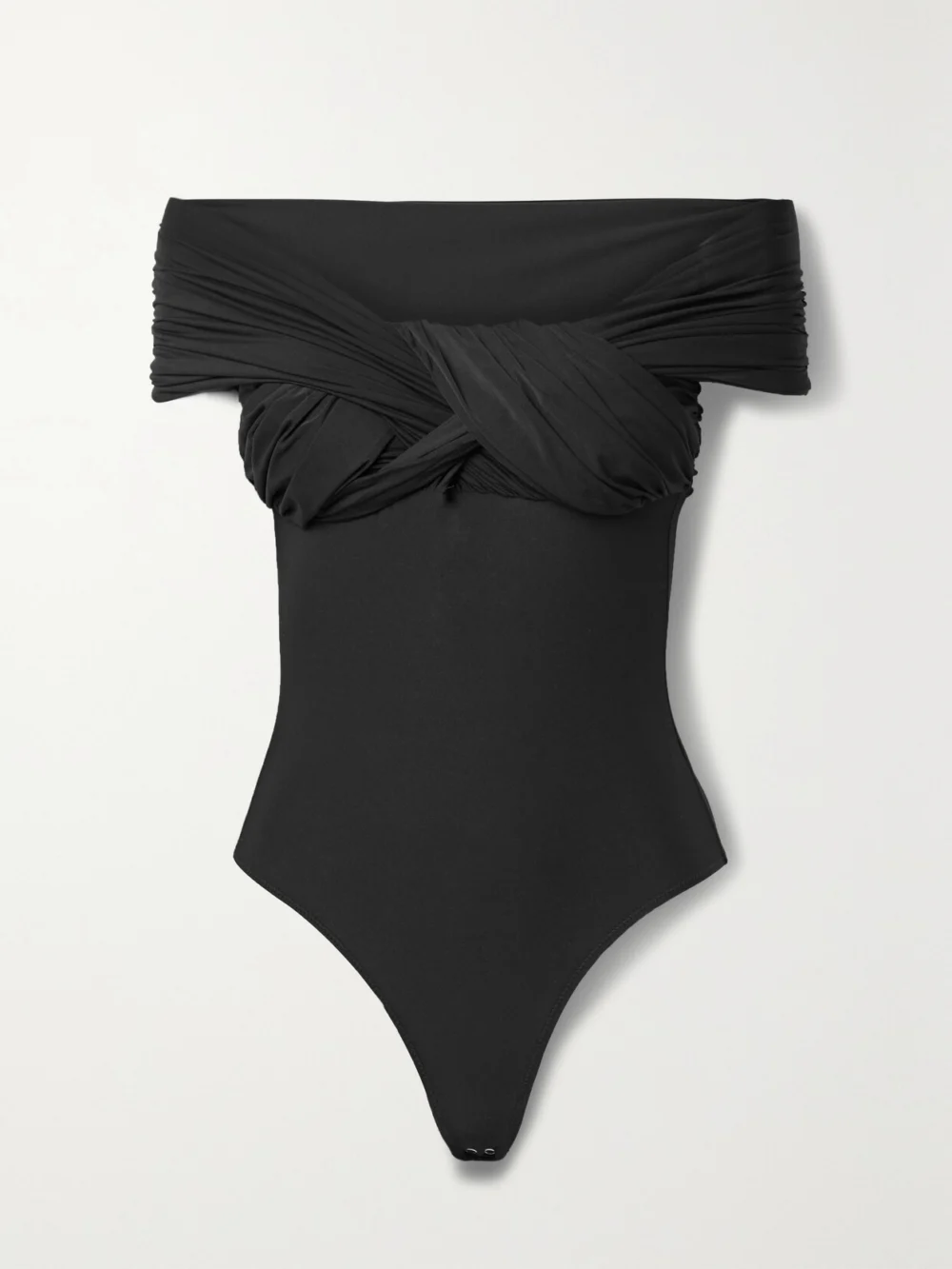 Goldsign The Odette Off-the-shoulder Twist-front Ruched Stretch-jersey Thong Bodysuit in black