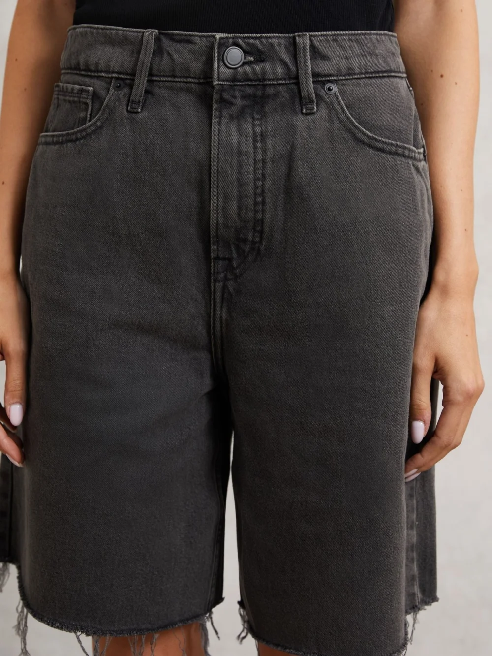 Good American Black American Denim Barrel Shorts, view 3