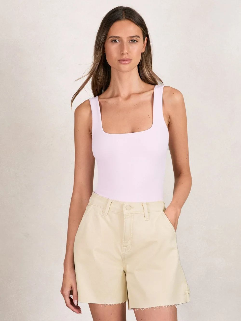 Good American Ecru Good American Long Denim Shorts