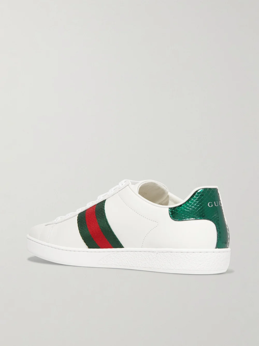 Back view of the Gucci Ace Watersnake-trimmed Embroidered Leather Sneakers