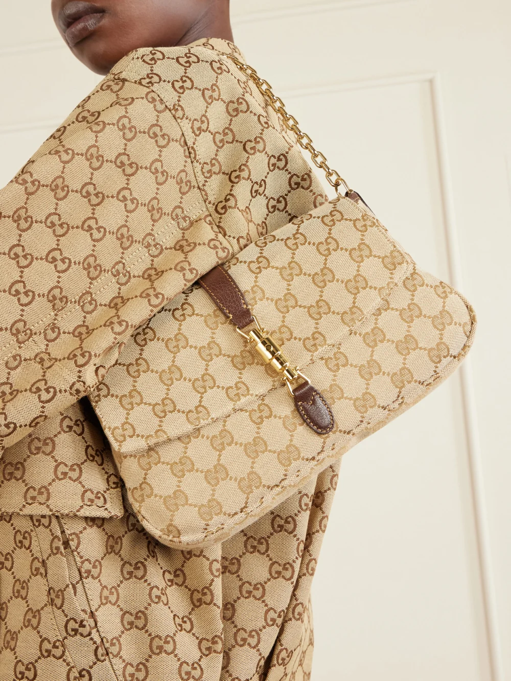 Gucci Aperitivo Leather-trimmed Canvas-jacquard Shoulder Bag, styled view